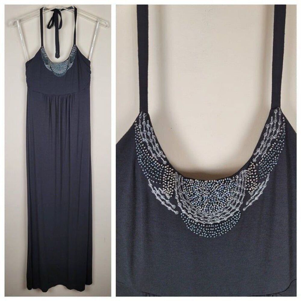 Tommy Bahama Size XXS Tambour Beaded Halter Maxi Dress Viscose Stretch Black